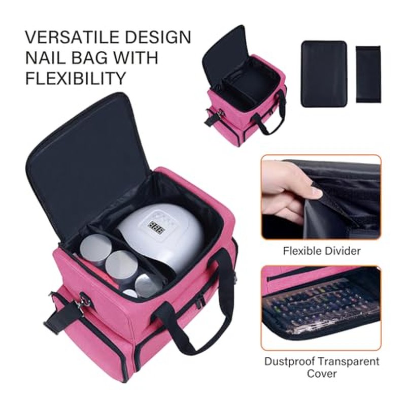 Nail Polish Organizer Holds 80 Bottles & Nail Art Lamp, Portable Large Capacity Storage with 2 Removable Storage Bags Store Nail Art Tools, Suitable for Manicurists(Rose Red)