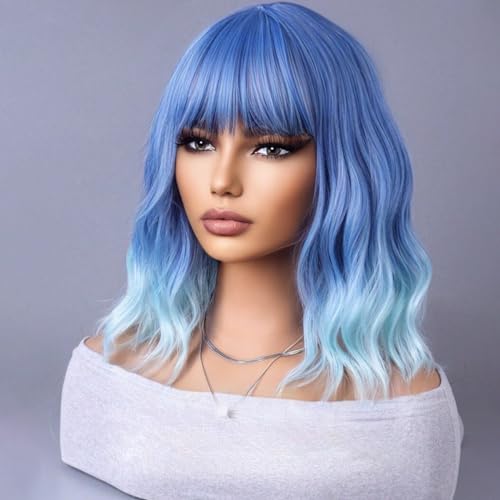 Ombre Blue Wigs for Women Short Curly Wavy Blue Wig for Girls Short Bob Wig With Bangs Heat Resistant Synthetic Wigs for Cosplay Costume Party (Blue Ombre Wig)
