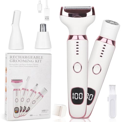 Electric Razors LED Display for Women Men, 2025 Wet/Dry Lady Shaver,4 in 1 Cordless Hair Remover with IPX7 Waterproof,Smooth & Silky Portable Bikini Electric Grooming Set (Pink & White)