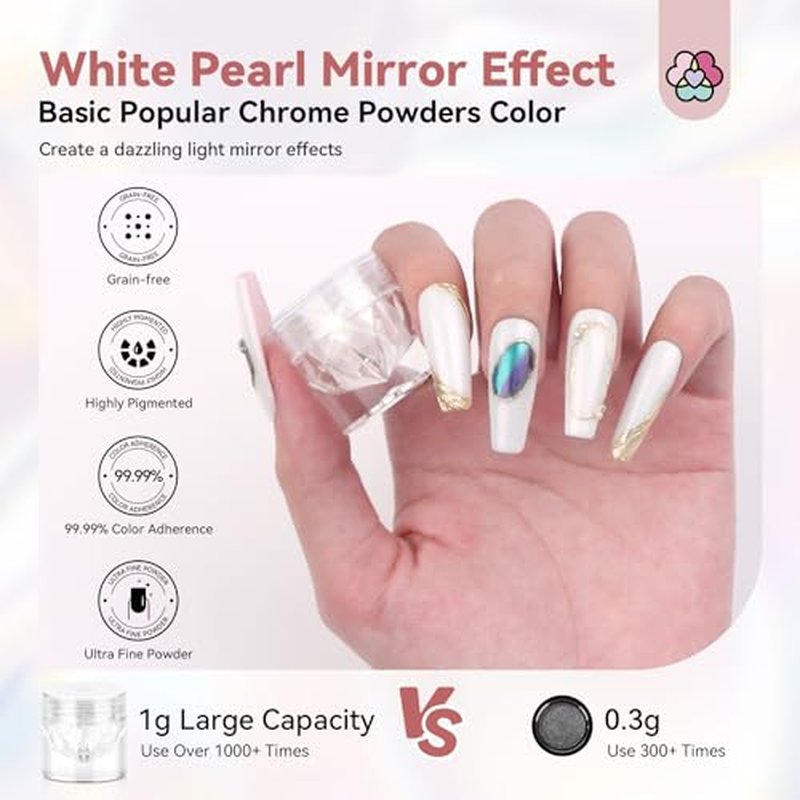 SAVILAND White Pearl Chrome Nail Powder: 1g Metallic Mirror Effect Unicorn Chrome Powder Iridescent Pearlescent Aurora Mermaid Pigment Glitter Dust Kit for DIY Nail Art Decoration Home & Salon Use