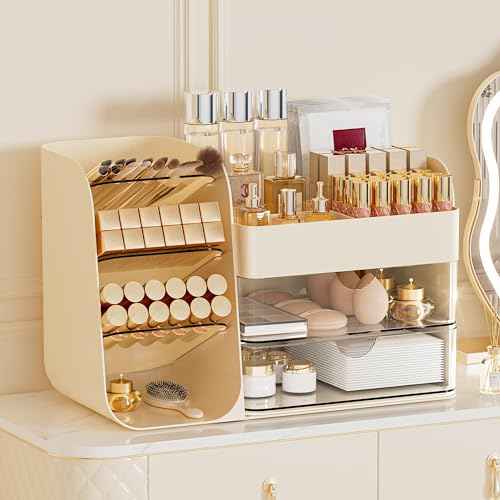 Makeup Organizer with 2 M Drawers & Brush Holders - Cosmetic Storage Case for Vanity, Bathroom Countertop & Desk - Skincare & Office Supplies Organizer (Cream, M)