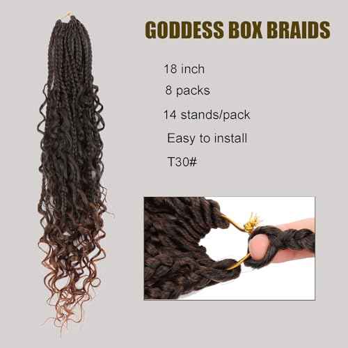 18 Inch Goddess Box Braids Crochet Hair 8 Packs Crochet Hair for Black Women Boho Box Braids Crochet Hair with Curly Ends Bohomian Box Braids Synthetic Braiding Hair Extensions T30#