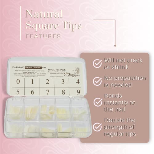 Tammy Taylor Natural Square Nail Tip Extensions, Full Coverage, Natural Lightweight, Long Lasting, Salon Grade Professional Pre Etched Acrylic Nail Tips, Well Less Fake Nails (100 count)