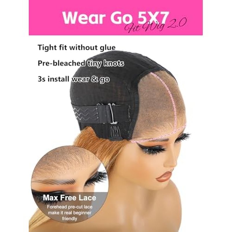 ORIGINAL QUEEN OQ Hair Glueless Wigs Human Hair 5x7 Bob Straight Wigs for Women Highlight Blonde Wear and Go Short Bob Wigs Pre Plucked Pre Cut Pre Bleached 4/27 Color 12Inch