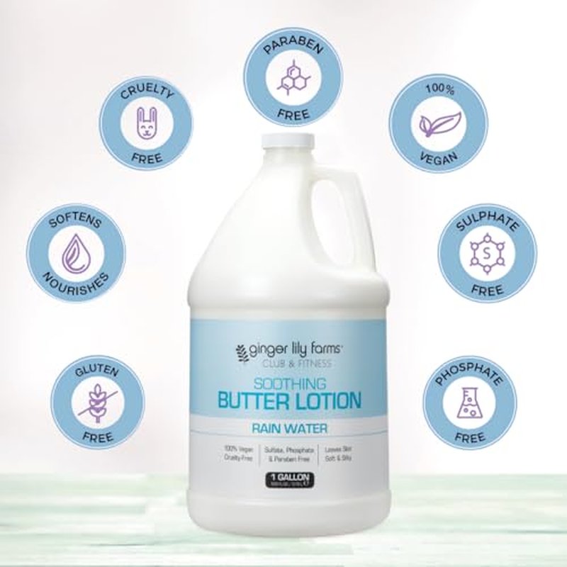 Ginger Lily Farms Club & Fitness Soothing Butter Lotion for Dry Skin, 100% Vegan & Cruelty-Free, Rain Water Scent, 1 Gallon (128 fl oz) Refill
