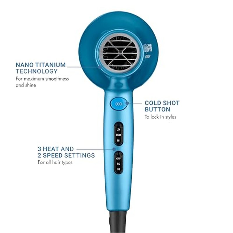 Nano Titanium 2000-Watt Blow Dryer with Concentrator Nozzle, Professional Grade Ionic Corded Styling Tool for Hair
