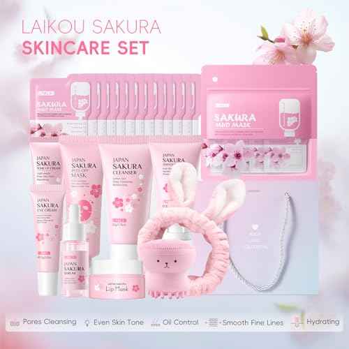 LAIKOU Sakura Skincare Set for Teen Girls, Complete 34PCS Face Care Kit, Christmas Pamper Gift Set for Women & Teenage Girls, Hydrating & Nourishing Travel-Friendly Daily Facial Skincare Routine