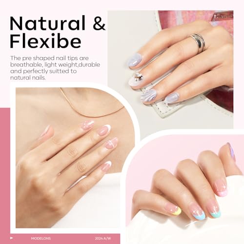 modelones Gel Nail Kit Short Oval Round, Upgrade 510Pcs Fake Nails 15Sizes, 9-in-One Glue Prep Dehydrator & Mini U V Light Clipper, Pre-shaped Half Matte Press on Oval Tips for Extension DIY Salon