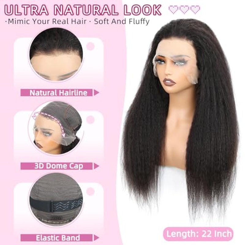 13X6 Kinky Straight Wig 16inch Yaki Straight Human Hair Wig 180% Density 13X6 HD Lace Front Wigs Human Hair Pre Plucked Glueless KinkyStraight Human Hair Wigs