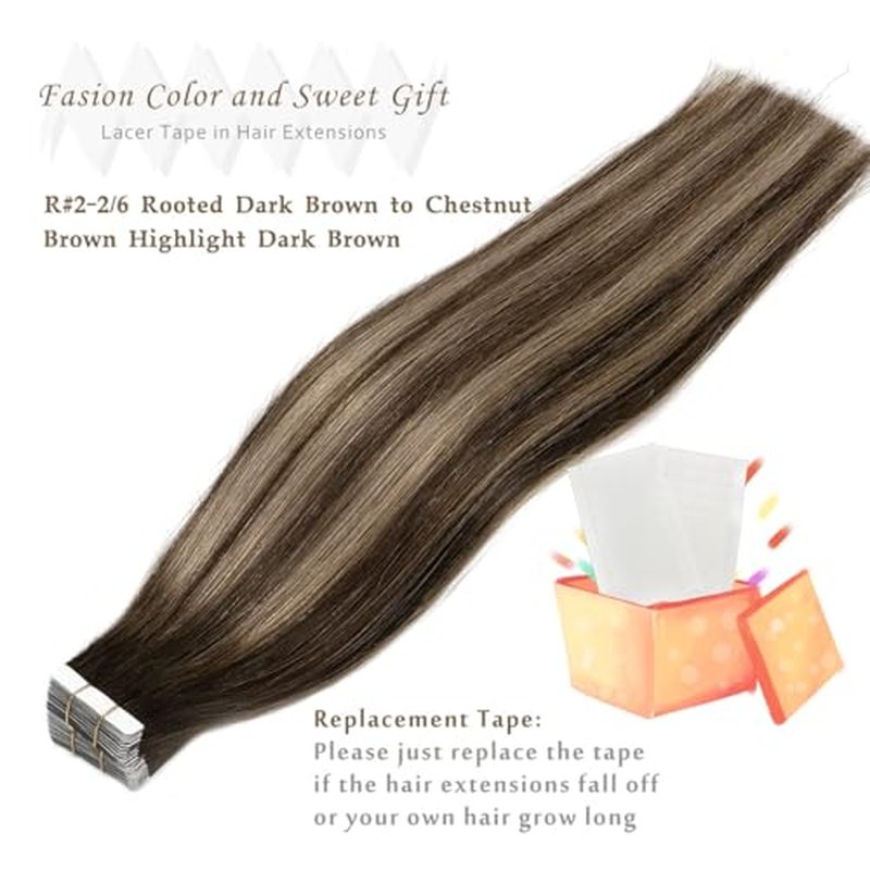 Lacer Human Hair Tape In Extensions 18inch Dark Brown Tape In Hair Extensions Straight Human Hair Chestnut Brown Highlight 100G 40pcs Thick Ends Piece For Invisible Seamless Human Hair Tape In
