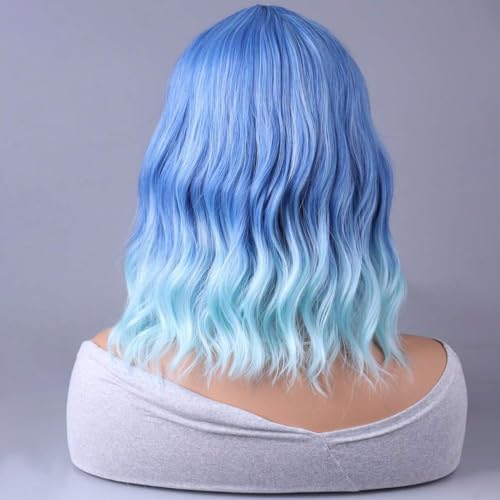 Ombre Blue Wigs for Women Short Curly Wavy Blue Wig for Girls Short Bob Wig With Bangs Heat Resistant Synthetic Wigs for Cosplay Costume Party (Blue Ombre Wig)