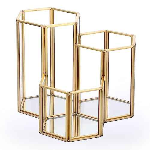 Hipiwe Glass Makeup Brush Holder 3 Slot Mirrored Gold Cosmetics Brush Organizer Eyeliners Display Case Vintage Decorative Makeup Storage Box Desktop Pen Pencil Pot, Large