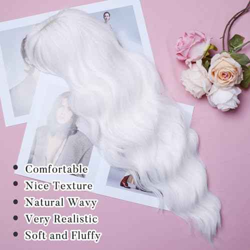 NAYOO White Wigs with Bangs - Long Curly Wavy Synthetic Fiber Wigs - Heat Resistant - 26 Inches