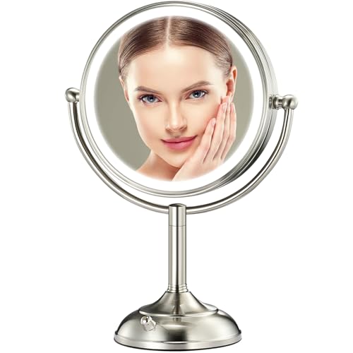 Professional 8.5" Large Lighted Makeup Mirror with Brighter Lights, 1X/10X True HD Magnifying Mirror with 3 Color Dimmable Lights, 90 Shadowless LEDs, 360¡ÆSwivel Seamless Vanity Mirror, Pearl Nickel