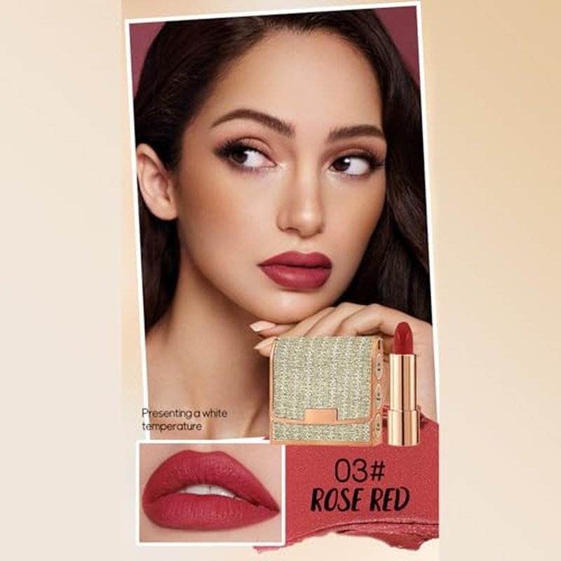 3 Colors Matte Lipstick Set Long Lasting Lip stick 24 hr Lip stick for Women Waterproof Non-sticky Multi-occasions Professional Lipstick for Women lip balm with Exquisite Chain Bag 3.5gx3pcs