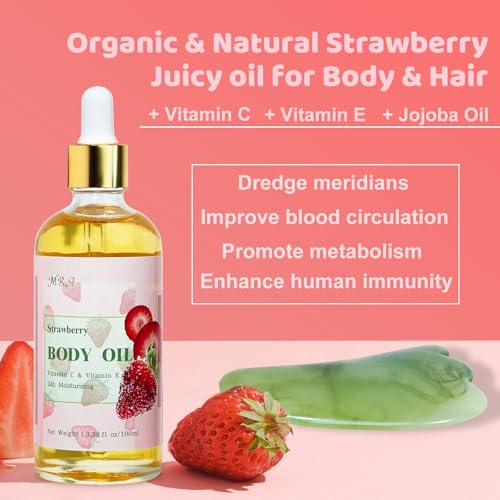 MR.A 2 Pack Strawberry Body Oil Juice Scented, Vitamin E Body Oil after Shower, Strawberry Shortcake Body Moisturizer Bath Oil for Dry Skin, Guasha Oil with Guasha Tool