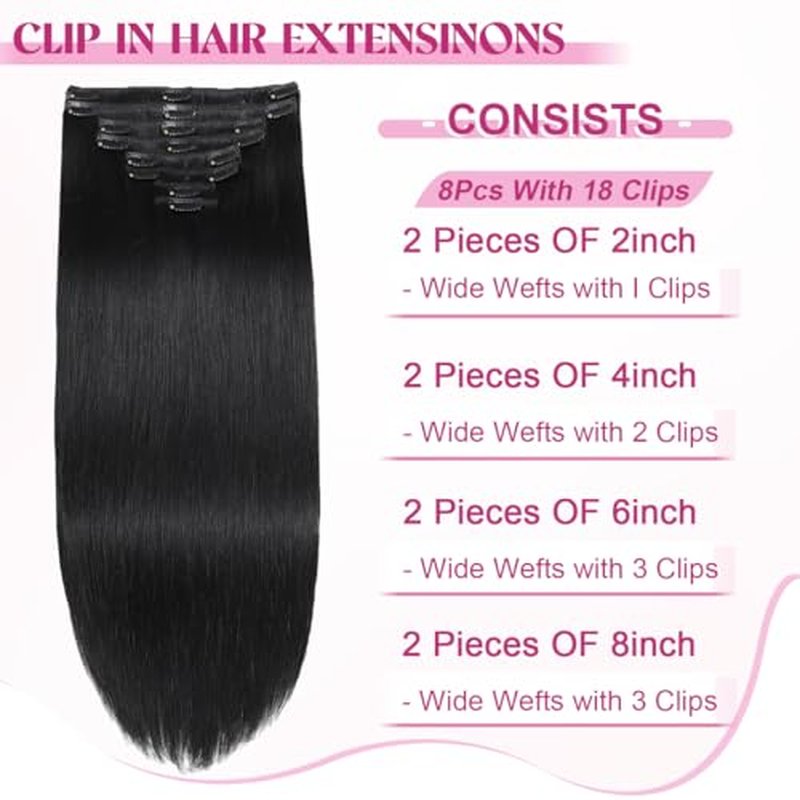 Clip in Hair Extensions Real Human Hair, Remy Human Hair Extensions Clip ins for Women, 100% Natural Human Hair, Double Weftm, 24inch 120g 8Pcs, #1 Jet Black