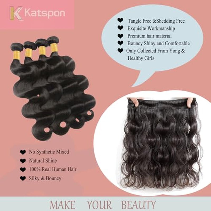12A Human Hair Bundles Body Wave 100% Unprocessed Brazilian Virgin Hair 4 Bundles Human Hair Extensions Quick Weave Human Hair (4 Bundlles Natural black, 14 16 18 20 Inch)
