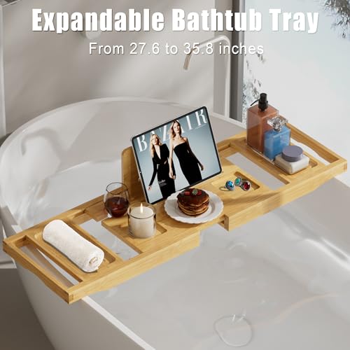 Bathtub Tray Caddy,Premium Bamboo Expandable Bath Tub Trays Table, Foldable Bathroom Accessories,Great House Warming, Anniversary and Birthday Gifts,Natural