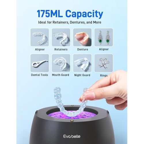 Ultrasonic Retainer Cleaner, EVA BELLE Denture Retainer Cleaner Machine, Tooth Cleaner for Oral Dental Care, Portable Rechargeable Dental Cleaning Pod for Night Guards, Braces, Aligner, Jewelry