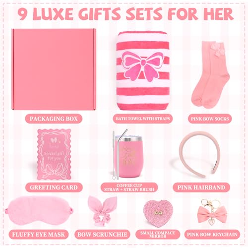 Birthday Gifts for Women Friendship Unique - Pink Bow Birthday Gifts for Teen Girls - Self Care Get Well Soon Presents Basket for Mom Sister Friend Bestie Wife Her Girlfriend Coworkers