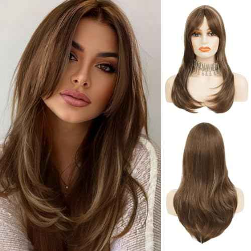 Brown Long Wigs for Women Mix Blonde Straight Middle Part Heat Resistnt Fibre Hair Wig Natural Daily Party Wig