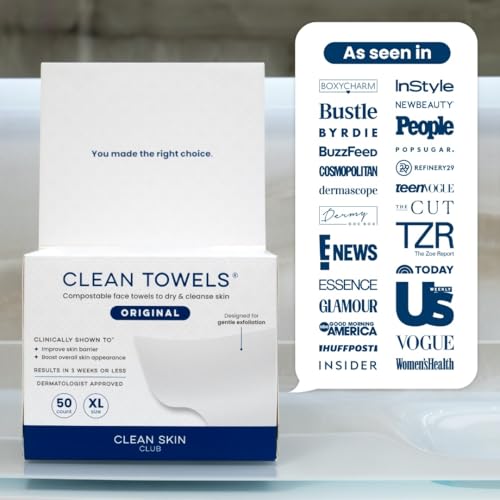 Clean Skin Club Clean Towels XL®, 100% USDA Biobased Face Towel, Disposable Face Towelette, Eczema Association Accepted, Makeup Remover Dry Wipes, Ultra Soft, 1 Pack, 50 Ct