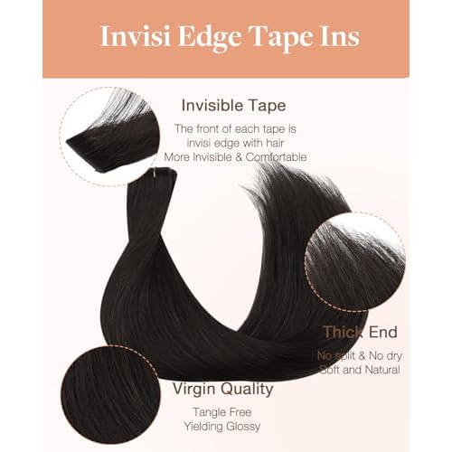 GOO GOO Invisi Edge Tape in Hair Extensions Human Hair, 1B Natural black 10pcs injected with 10pcs classical tape ins, 18inch 50g, Virgin Remy Hair, Natural Look