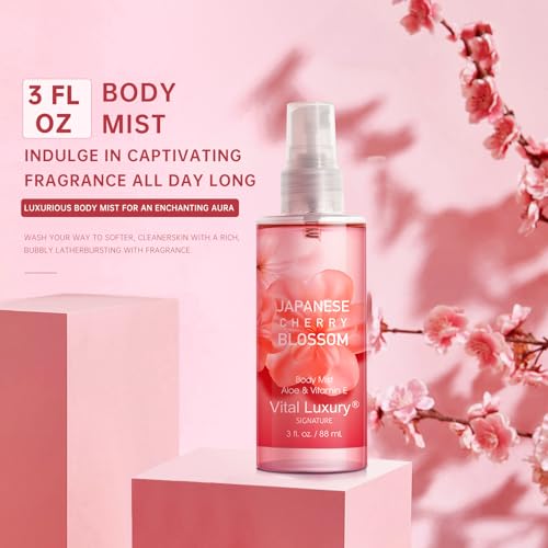 Bath and Body Gift Set for Women and Girls, Japanese Cherry Blossom Spa Set With Natural Extracts-Shower Gel, Body Lotion, Body Mist, Body Care Travel Set for Birthday Mother's Day Gifts