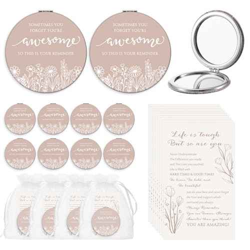 Wildflower Inspirational Gifts for Women Bulk Motivational Compact Mirror Makeup Purse Double Sided Folding Mirror Inspirational Gift Cards with Bag for Women(12 Set)