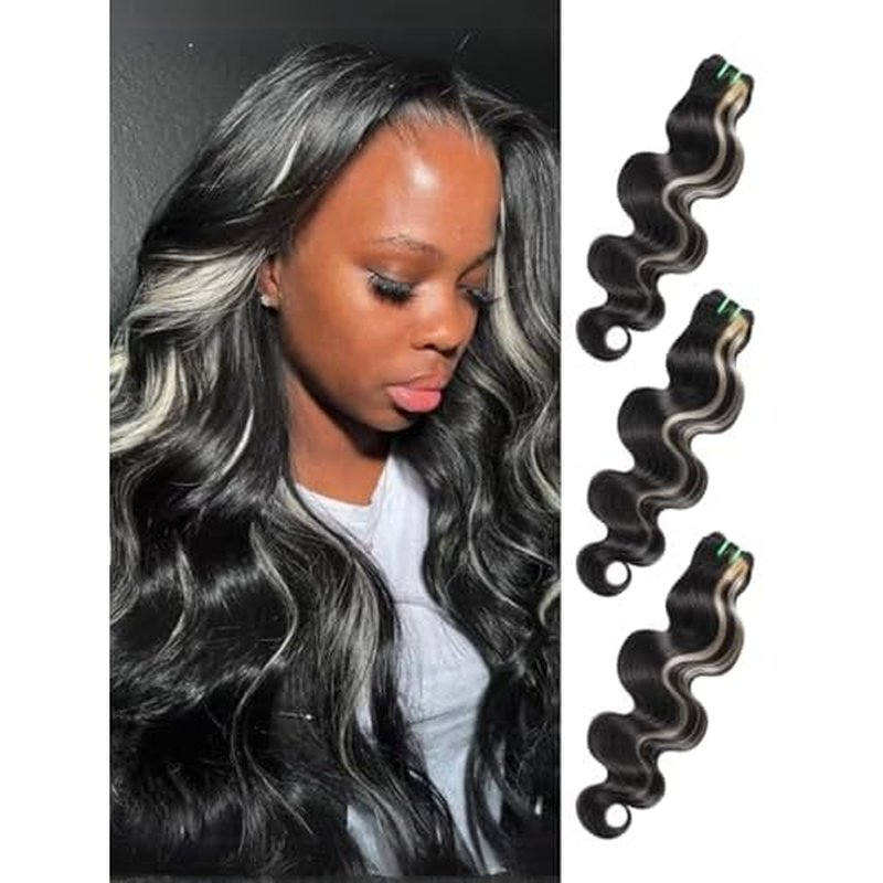 Platinum Blonde Highlight Black Mix Color Bundles Body Wave Human Hair, 100% Brazilian Remy Hair Thick Track Bundles #F1B/613 Ombre Skunk Stripe Balayage More Silver (3 Bundles, 10 12 14 Inch)
