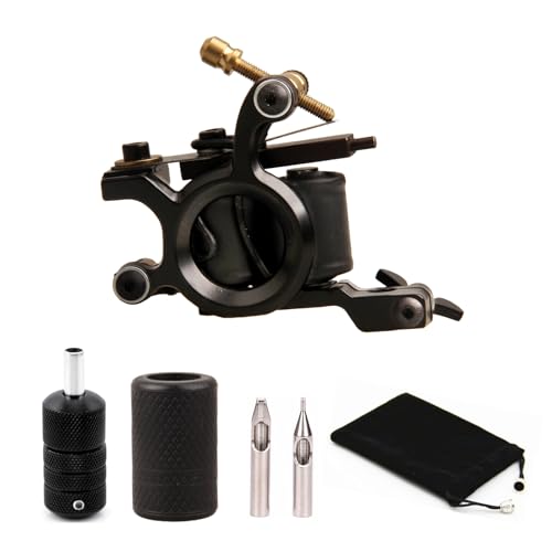 Coil Tattoo Machine Gun Iron Liner 10 Wraps Coils Shader Tattoo Kit Selflock Tattoo Grip Tube 25mm Silicone Grips Cover Tattooing Tips 5F 5R for Starter Tattooist