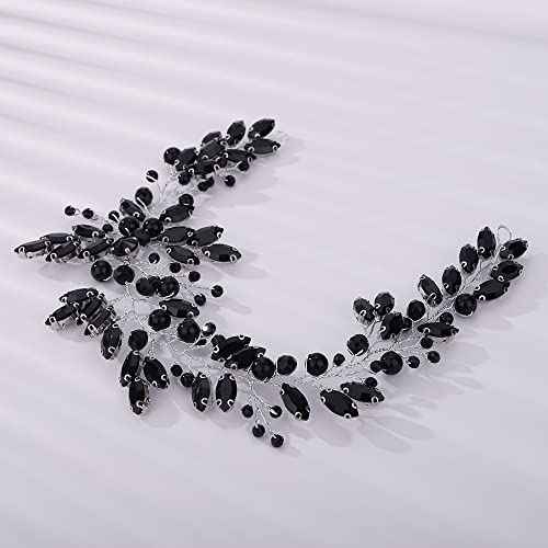 Teyglen Vintage Hairband - Black Crystal Rhinestone Hair Vine Bridal Pearl Headband for Brides, Women