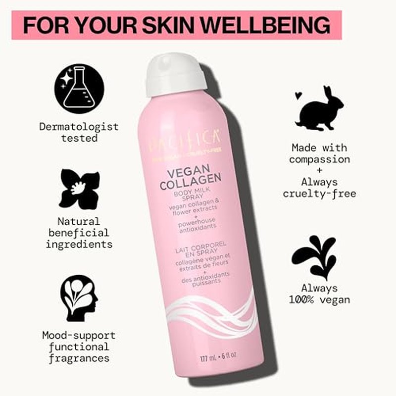 Pacifica Spray Lotion for Body - Vegan Collagen Body Milk Spray ? Hydrating Moisturizer Mist Fast-Absorbing Instantly Hydrates & Softens Skin Jasmine & Vanilla Natural Scent Clean Beauty Non-Aerosol