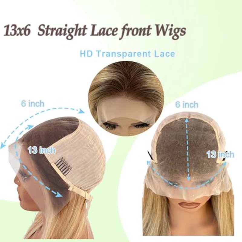 13x6 Medium brown/Golden Brown to Bleach Blonde Highlights Straight Lace front Wigs Human Hair 26in for Black Women HD Lace Glueless Pre Plucked 180% Density Brazilian Virgin Human Hair 26inch