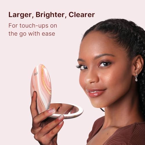 Fancii Taylor LED Lighted Travel Makeup Mirror, Rechargeable, 10x /1x Magnifying, Tru-Glow Lighting System, XL Large 5¡± Wide | Compact Mirror for Purses (Marble Rose)