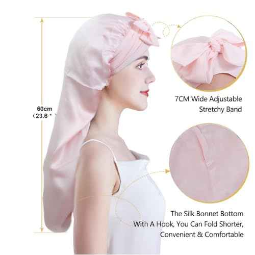 Cocheng Mulberry Silk Bonnet for Sleeping Long Silk Cap for Curly Hair Braids Bonnet for Women Sleep Cap with Tie Band