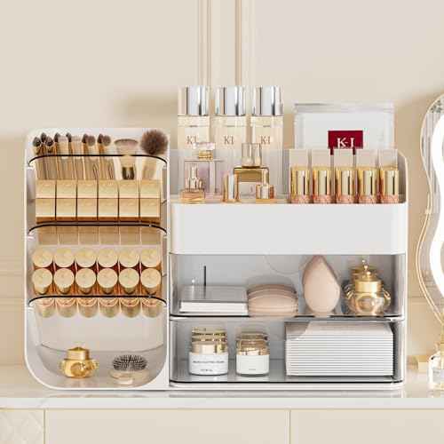 Makeup Organizer with Brush Holder for Vanity,Countertop Makeup Organizer with Drawers,Spacious Cosmetic Display Case,Perfect Storage Solution for Your Beauty Essential