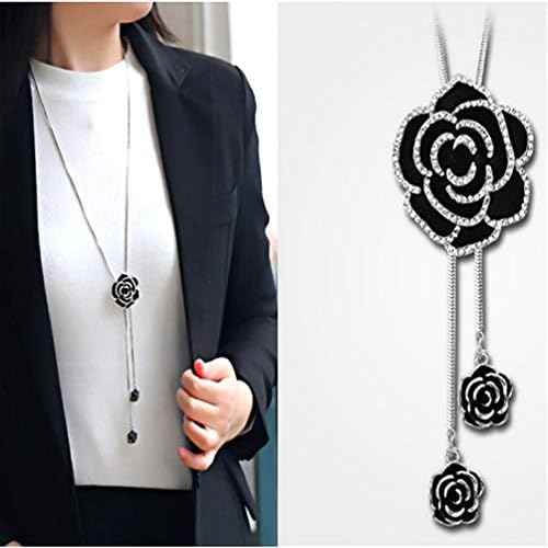 Cathercing Rhinestone Black Rose Pendant Long Necklace for Women Sweater Chain Statement Necklace Choker Adjustable Elegant Jewelry Crystal Accessories Dressy Collocation Winter Evening Party Wedding