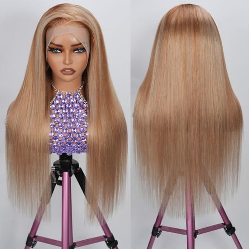 13X6 Ombre Chocolate Brown Lace Front Wigs Human Hair Highlighted Ash Blonde Mixed Brown HD Transparent 180% Density Lace Frontal Wig Natural Hair with Baby Hair 22"