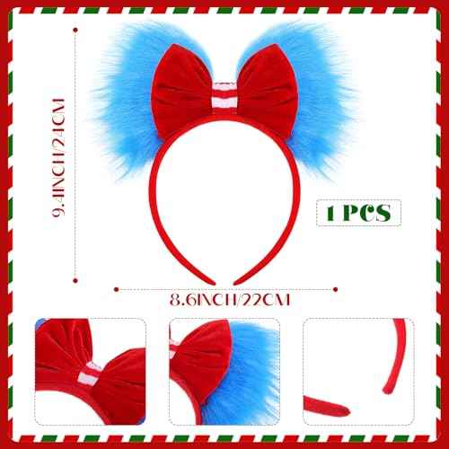 Halloween Blue and Red Bow Headband Large Furry Hair Bow Headband Fuzzy Pom Hairband for Women Girls Holiday Party