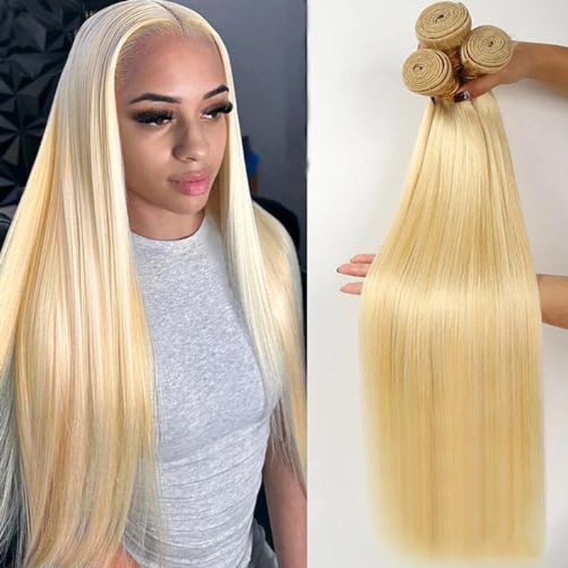 613 Blonde 3 Bundles Human Hair Straight 613 Human Hair 3 Bundles Double Weft 613 Blonde 100% 12A Unprocessed Virgin Human Hair 16 16 16 inch11oz/Pak