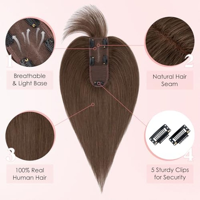 Hairro Human Hair Topper with Wispy Bangs, Clips on 360¡Æ 3D Cover Real Hairpieces Lightweight, 2.25"x6" Base for Women with High Hairline/Thinning Hair, 10 Inch Dark Brown Bangs