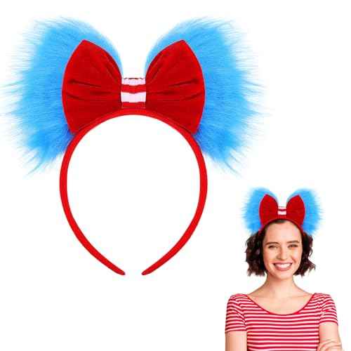 Halloween Blue and Red Bow Headband Large Furry Hair Bow Headband Fuzzy Pom Hairband for Women Girls Holiday Party