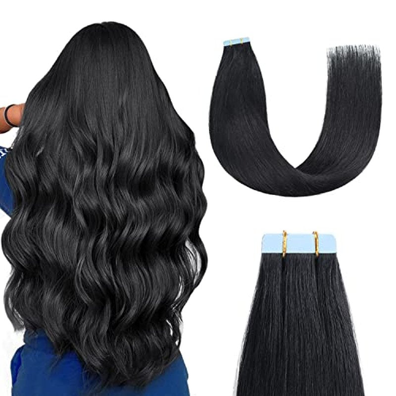 Sunya Tape in Hair Extensions Human Hair Jet Black 26 Inch Straight Black Tape in Hair Extensions #1 60g 20Pcs/Pack