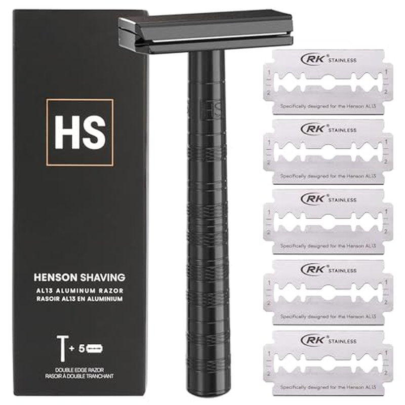 Henson Shaving Razor - Jet Black Double Edge Safety Razor with 5 Spare Blades - 30¡Æ Angled Precision With Superior Blade Rigidity- Reusable Single Blade Razors For Men and Women - Mild Aggression