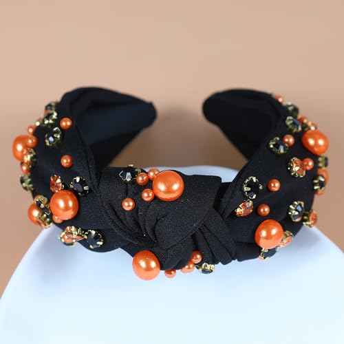 Halloween Pearl Knotted Headbands for Women Sparkly Beaded Crystal Embellished Headband Wide Top Knot Black Pumpkin Hairband Fancy Girls Halloween Hair Accessories Outfits