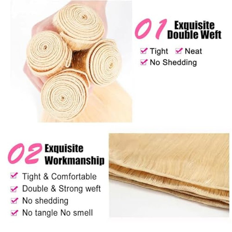 613 Blonde 3 Bundles Human Hair Straight 613 Human Hair 3 Bundles Double Weft 613 Blonde 100% 12A Unprocessed Virgin Human Hair 16 16 16 inch11oz/Pak