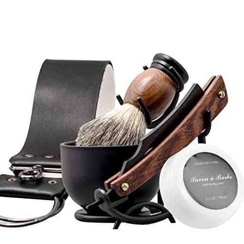 Grandslam Shaving Straight Razor Kit, Steel Cutthroat Straight Razor With Leather Strop, Shaving Brush, Stainless Steel Shaving Bowl and Stand, Shaving Soap, Gift for Men