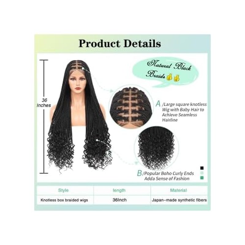 36 Inch 13X8 HD Lace Front Box Braided Wigs With Boho Curly Ends Knotless Braided Wig For Women Premium Synthetic Braids Lace Front Wig With Baby Hair Natural Black